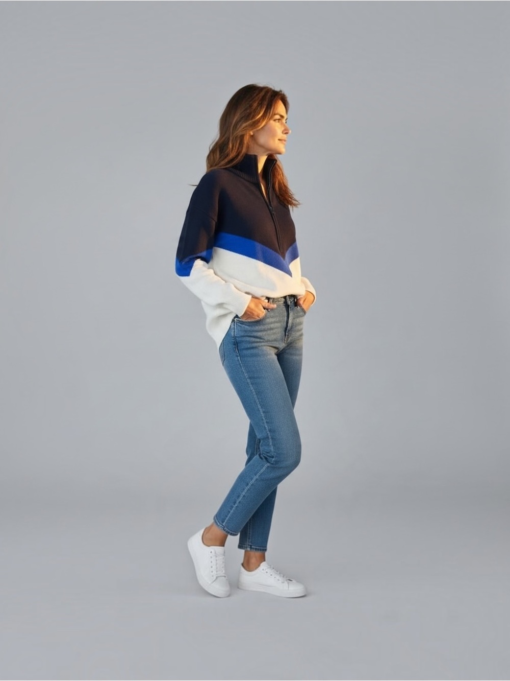 Lou & Grey Navy Blue and White Colorblock Mock Neck 1/4 Zip Sweater, Size Medium